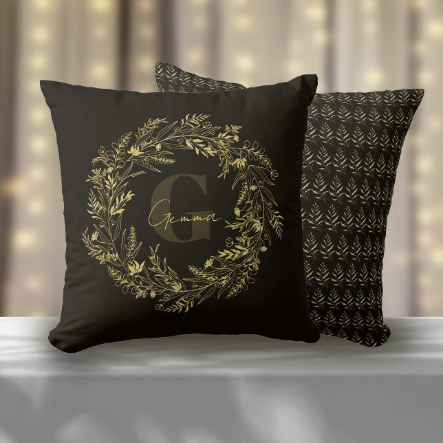 Letter G Golden Botanical Grace Monogram Throw Pillow (Creator Uploaded)