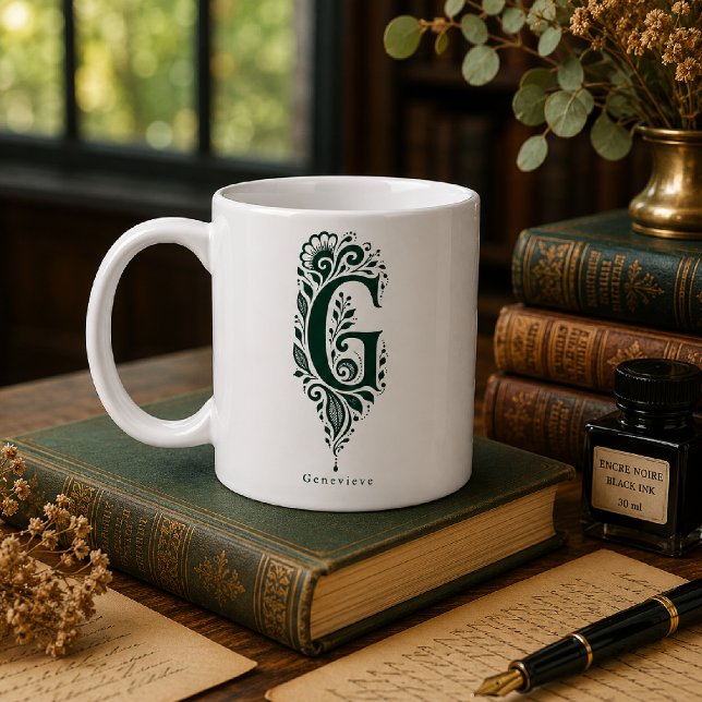 Letter G Linocut Botanical Personalized Mug (Creator Uploaded)
