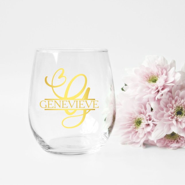 Letter G Monogram Bridesmaid Gift, Modern Elegant Stemless Wine Glass (stemless wine glass for a bridesmaid gift that has a gold split G monogram and customized with name
)