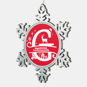 Letter G Monogram Initial Family Name Greeting Snowflake Pewter Christmas Ornament