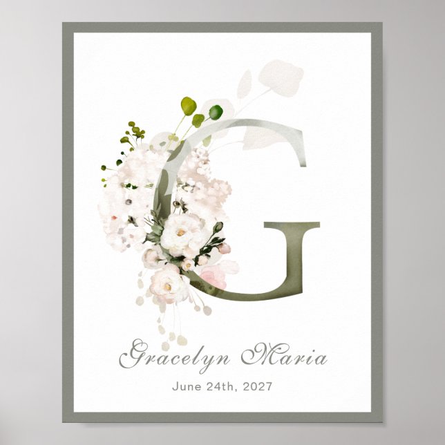 Letter G Monogram Pink White Floral Nursery Poster (Front)