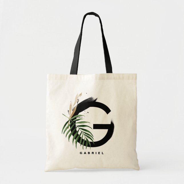 Letter G Monogram | Tropical Leaves Personalized Tote Bag (Front)
