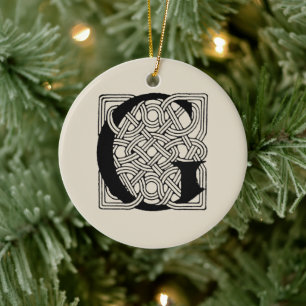 Letter G Monogram Vintage Celtic Knot Print Ceramic Ornament
