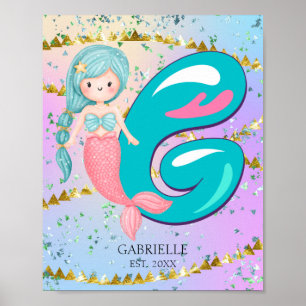 Letter G Monogram Watercolor Cute Mermaid Nursery Poster