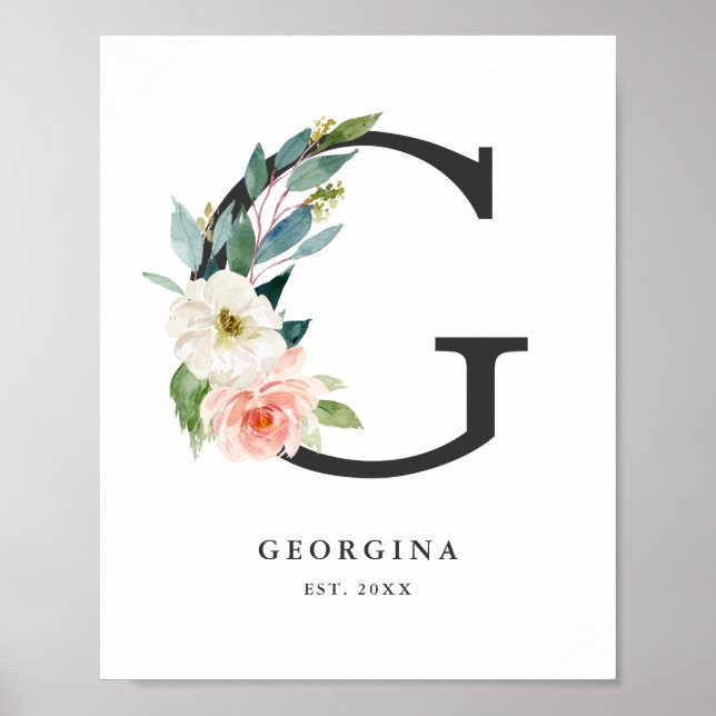 Letter G Monogram Watercolor Peach Florals Nursery Poster (Front)