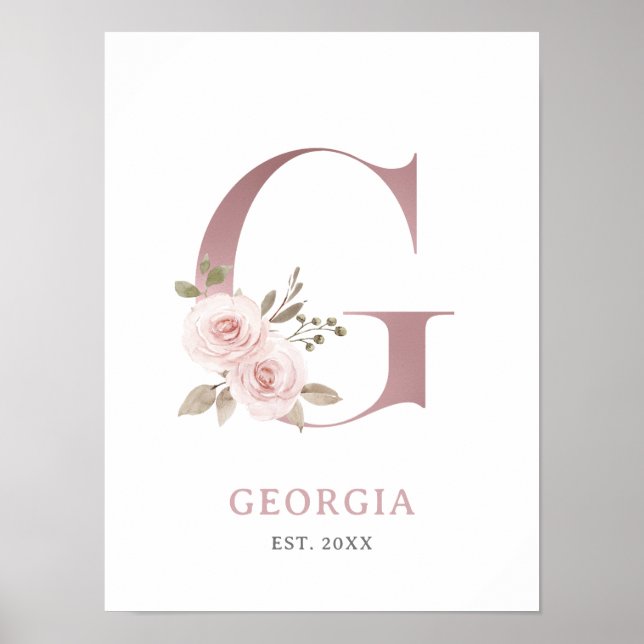 Letter G Monogram Watercolor Rose Florals Nursery  Poster (Front)