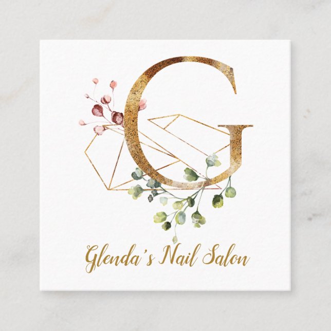 Letter G with Gold Geometric Design and Flowers Square Business Card (Front)
