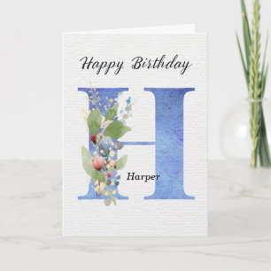 Letter H Birthday Custom Name Her Blue Monogram Card