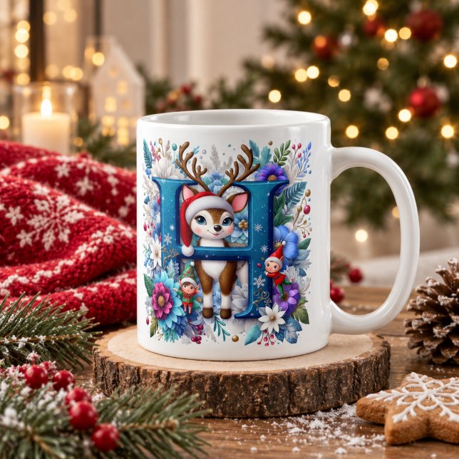 Letter H, customizable, reindeer, elves Coffee Mug (Creator Uploaded)