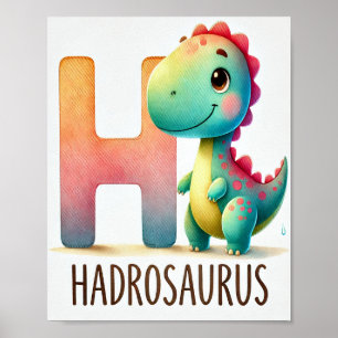 Letter H, Dinosaur Alphabet Watercolor Poster