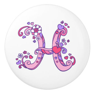 Letter H doodle art pink and purple handle knob