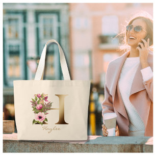 Letter H Elegant Floral Gold Monogram  Large Tote Bag