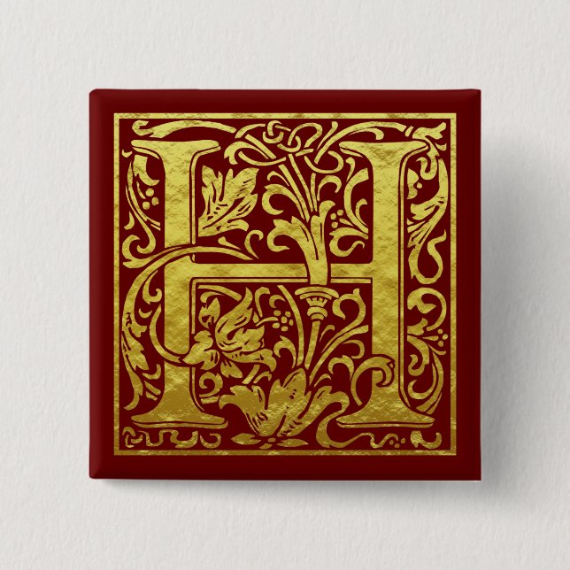Letter H First Letter Faux Gold 2 Inch Square Button (Front)