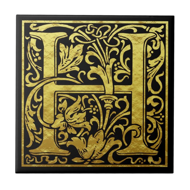 Letter H First Letter Faux Gold Black Tile (Front)