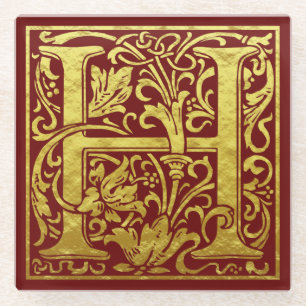 Letter H First Letter Faux Gold Glass Coaster