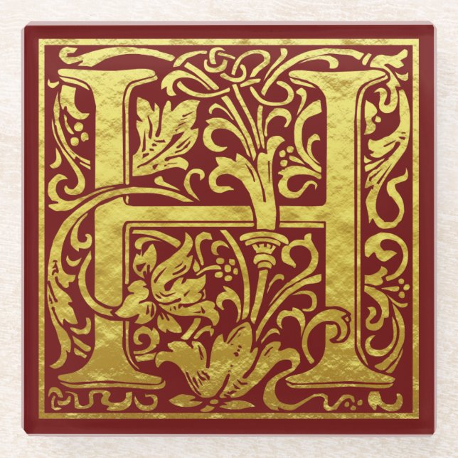 Letter H First Letter Faux Gold Glass Coaster (Front)