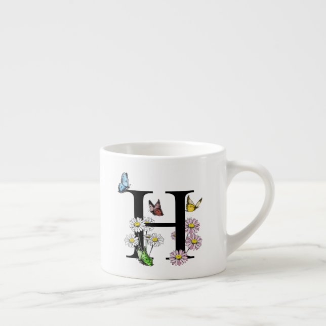 Letter H Floral Butterfly Monogram Initial   Espresso Cup (Right)