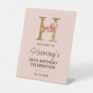 Letter H Gold Monogram Blush Pink Roses Sign