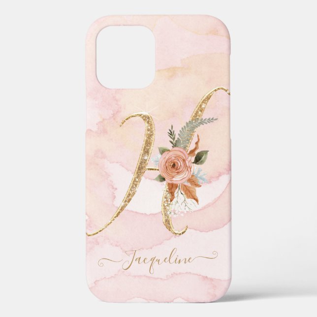 Letter H Gold Script Monogram Watercolor Floral Case-Mate iPhone Case (Back)