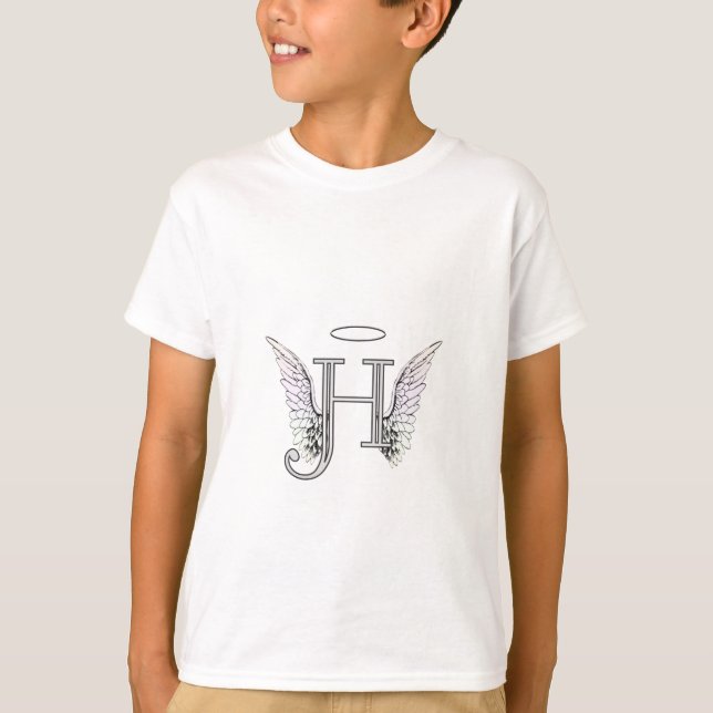 Letter H Initial Monogram with Angel Wings & Halo T-Shirt (Front)