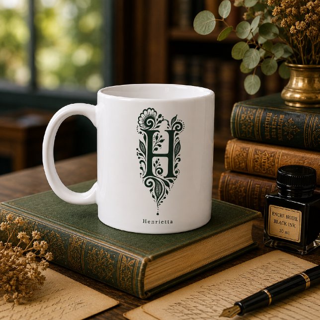 Letter H Linocut Botanical Personalized Mug (Creator Uploaded)