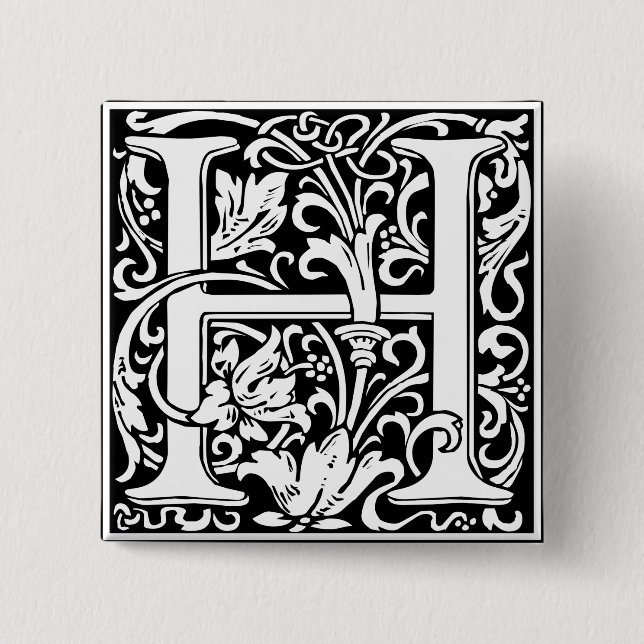 Letter H Medieval Monogram Art Nouveau 2 Inch Square Button (Front)