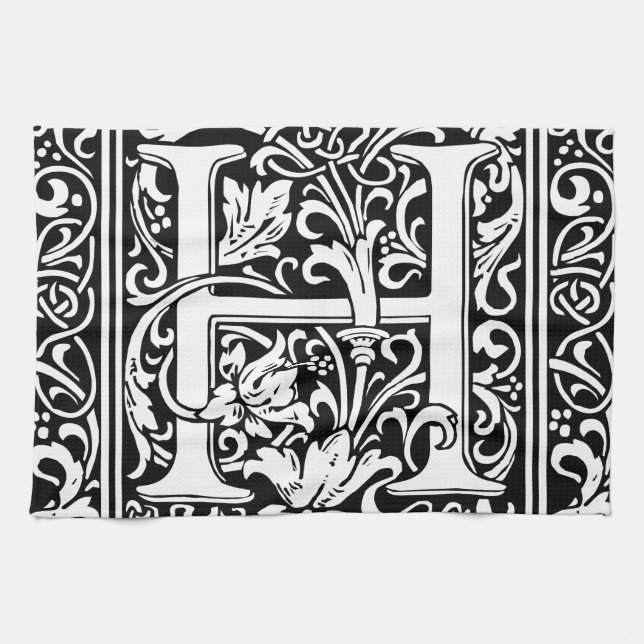 Letter H Medieval Monogram Art Nouveau Kitchen Towel (Horizontal)