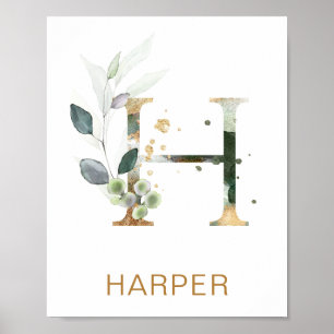 Letter H Monogram Green & gold foliage Nursery Poster