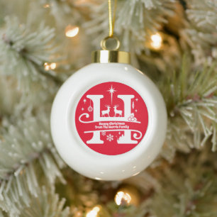 Letter H Monogram Initial Family Name Greeting   Ceramic Ball Christmas Ornament