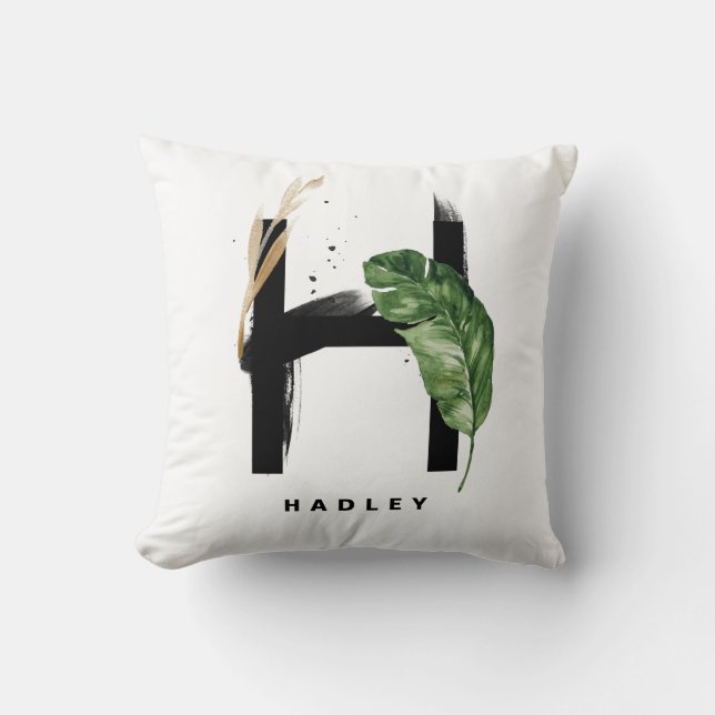 Letter H Monogram Palm Leaves Tropical Throw Pillow (Front)