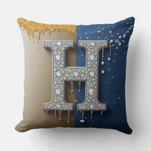 Letter H Navy Gold Dripping Paint Pearl Initial  Throw Pillow