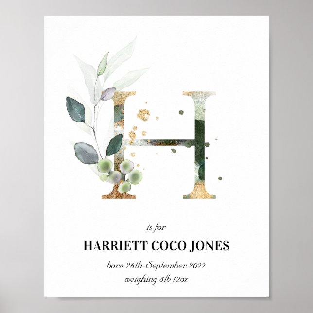 Letter H New Baby Monogram Birth Print Greenery (Front)