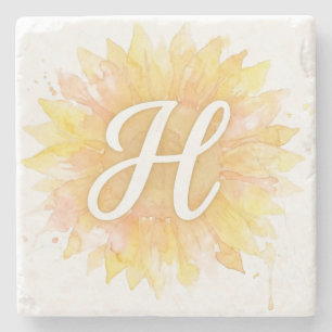 Letter H Sunflower First Name Monogram Initial Stone Coaster