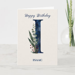 Letter I Birthday for Him Personalized Name Blue Card