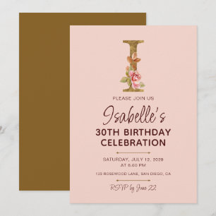 Letter I Gold Monogram Blush Pink Roses Invitation