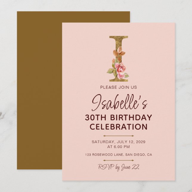 Letter I Gold Monogram Blush Pink Roses Invitation (Front/Back)