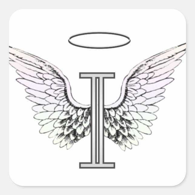 Letter I Initial Monogram with Angel Wings & Halo Square Sticker (Front)
