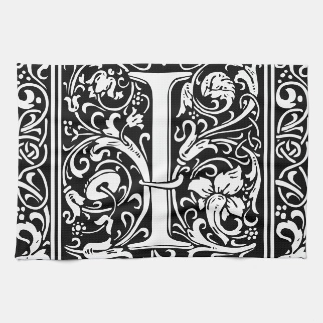 Letter I Medieval Monogram Art Nouveau Kitchen Towel (Horizontal)