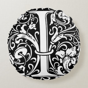 Letter I Medieval Monogram Art Nouveau Round Pillow