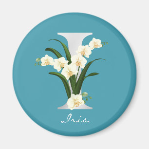 Letter I Metallic White Monogram Orchids   Name Magnet