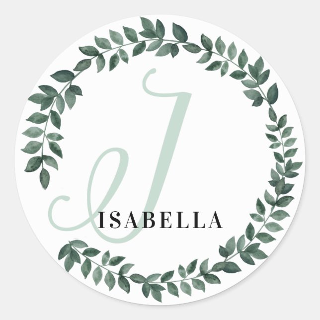 Letter I Monogram Custom Name Minimalist Botanical Classic Round Sticker (Front)