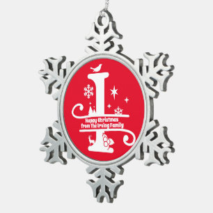 Letter I Monogram Initial Family Name Greeting Snowflake Pewter Christmas Ornament