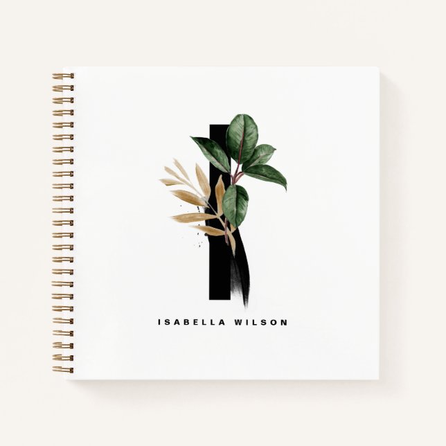 Letter I Monogram Tropical Greenery Gold Foil Notebook (Front)