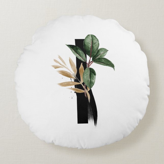 Letter I Monogram Tropical Greenery Gold Foil Round Pillow (Front)