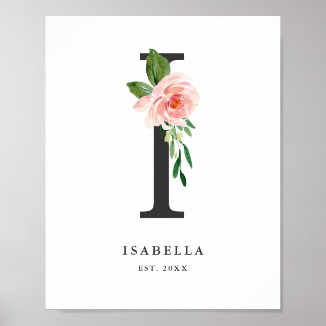 Letter I Monogram Watercolor Peach Florals Nursery Poster (Front)