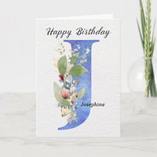 Letter J Birthday Custom Name Her Blue Monogram Card