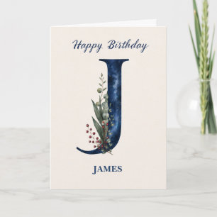 Letter J Birthday for Him Personalized Name Blue Card