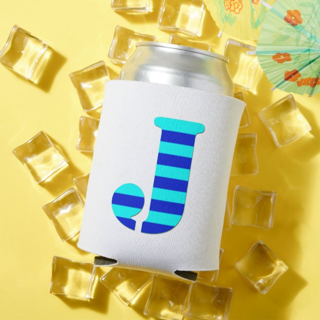 LETTER J, BLUE Minimal Black Funny Can Cooler (In Situ Summer)