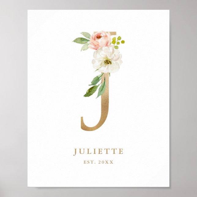 Letter J Blush Floral Monogram Gold Foil Nursery  Poster (Front)