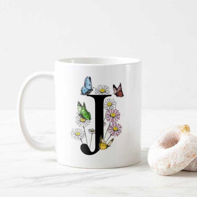  Letter J Botanical Watercolor Butterfly Monogram  Coffee Mug (With Donut)